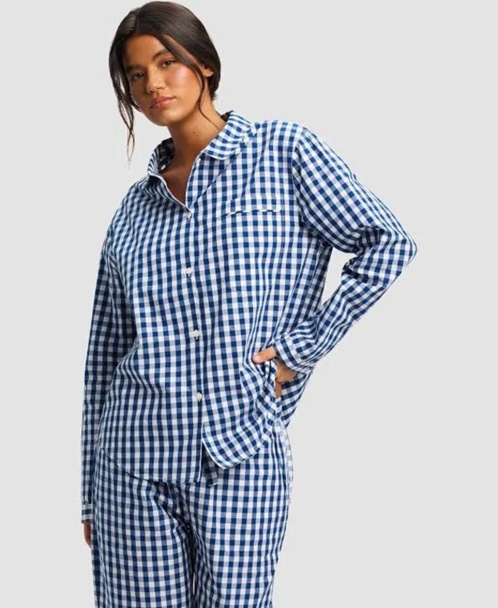 Cozy Earth Womens Sutton Button Up Long Sleeve Pajama Top XS Gingham 100% Cotton